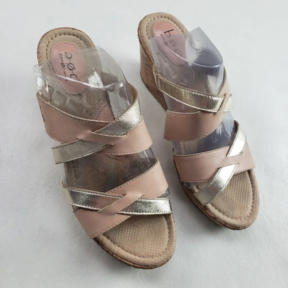 Born BOC Cork Wedge Sandal Womens 9 Brown Leather Open Toe Strappy Slip On
